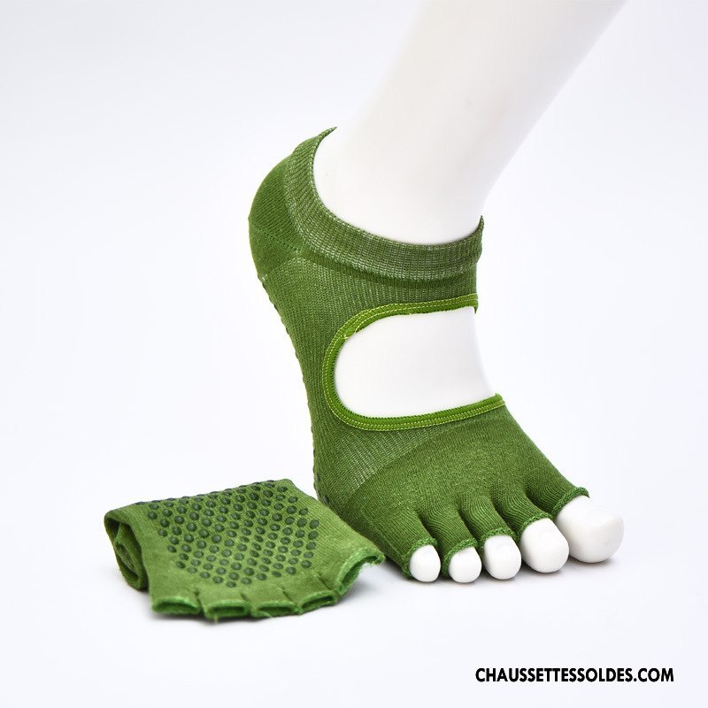 Chaussettes De Yoga Femme Cinq Doigts Ouverture Du Pied Chaussettes En Coton Antidérapant Silicone Métier Pure Vert