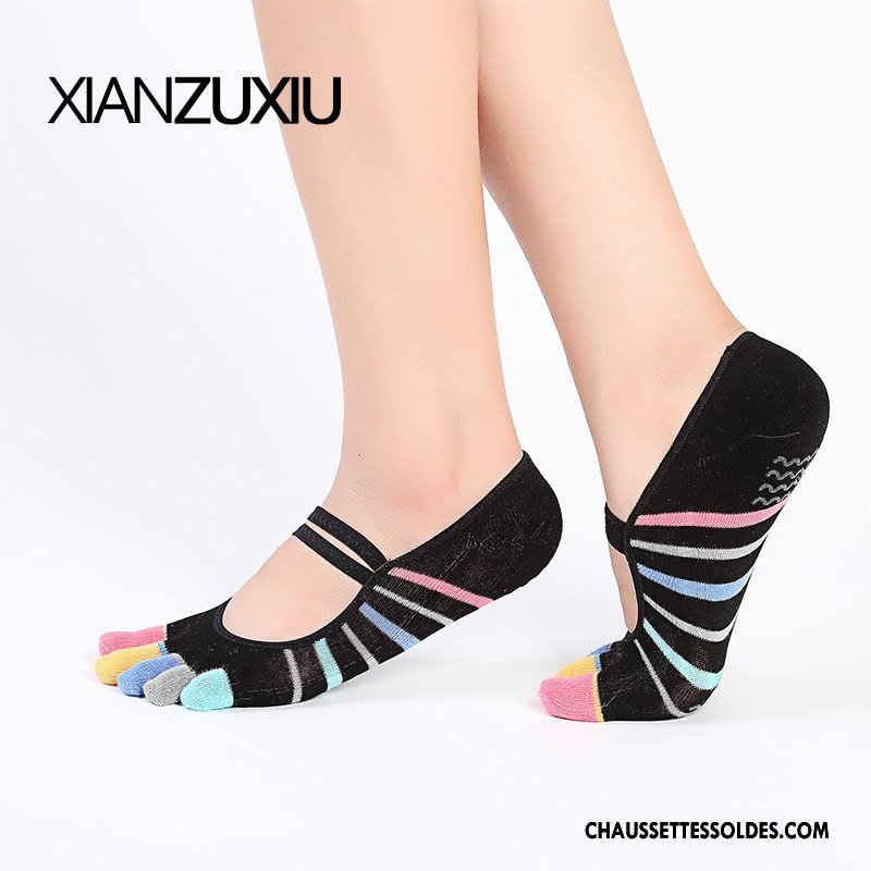 Chaussettes De Yoga Femme Coton Bio Métier Laçage 100% Coton Silicone Cinq Doigts Noir