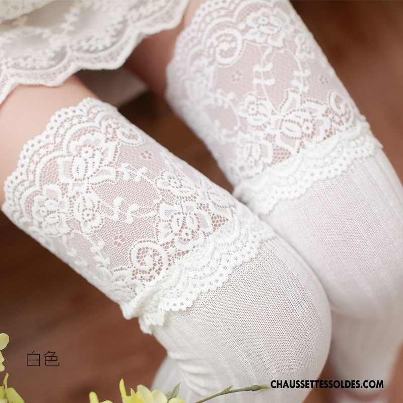 Chaussettes Longues Femme Antidérapant Coton Bio Dentelle Gros Haute Leggings Rose