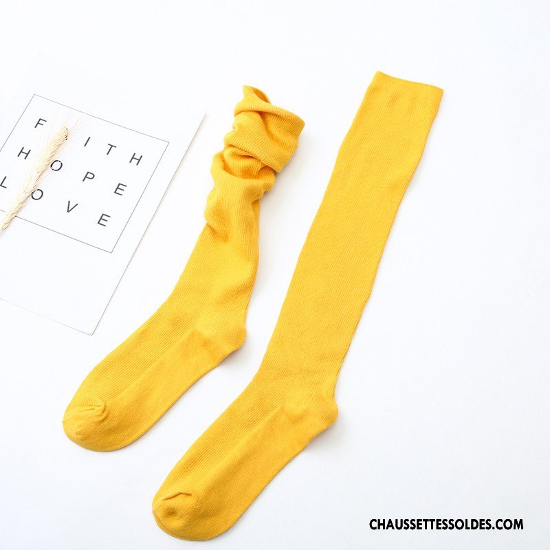Chaussettes Longues Femme Bonbons Haute 100% Coton Chaussette À Genou Dame Pure Jaune