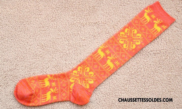 Chaussettes Longues Femme Cerf Style National Orange Milieu Flocon De Neige Multicolore