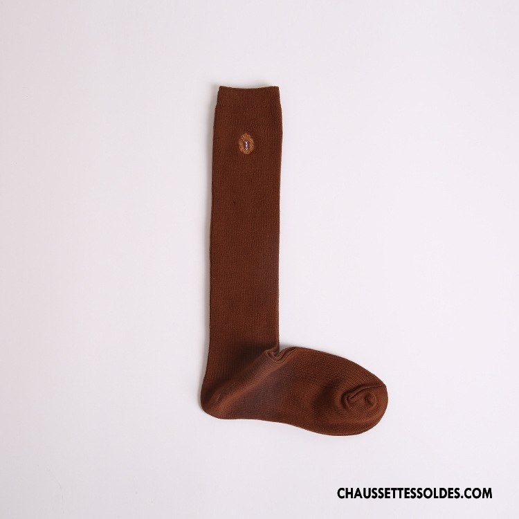 Chaussettes Longues Femme Chaussette À Genou Dame Chaussettes En Coton Milieu Coton Bio Brodé Marron / Brun