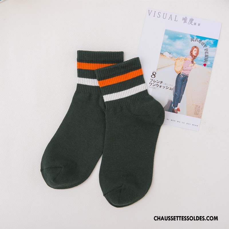 Chaussettes Longues Femme Dame Rayé Hiver L'automne Milieu Chaussettes En Coton Vert Foncé Coloré