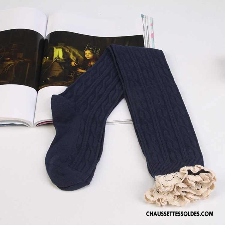 Chaussettes Longues Femme Dentelle Leggings 100% Coton Fille Fleurs Haute Bleu