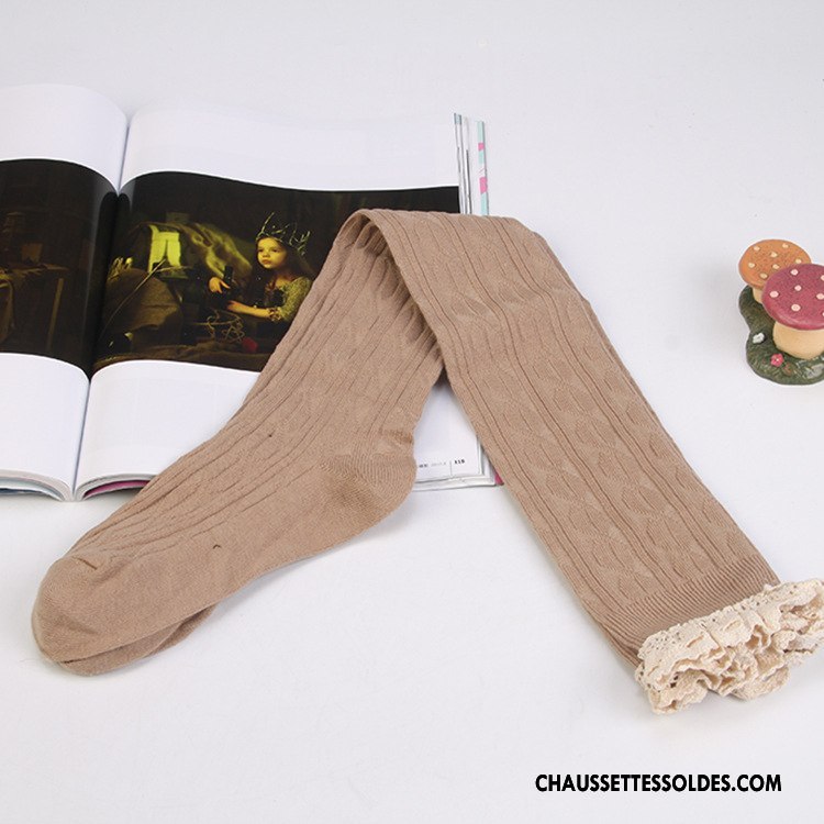 Chaussettes Longues Femme Dentelle Leggings 100% Coton Fille Fleurs Haute Bleu