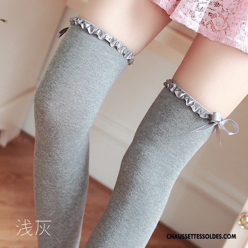 Chaussettes Longues Femme Doux Vague Long Stock Ruban Papillon Haute Blanc