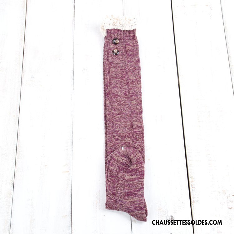Chaussettes Longues Femme Europe Dentelle Fleurs Bouton Gros Des Chaussettes En Laine