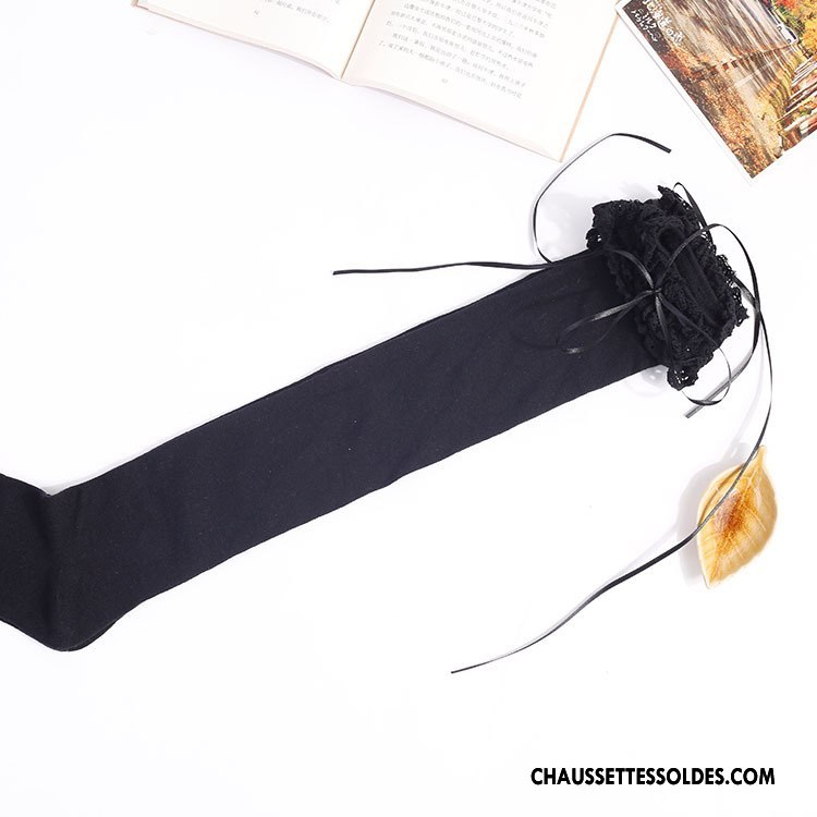 Chaussettes Longues Femme Fille Charme Dentelle Long Stock Haute Campus Vent Noir