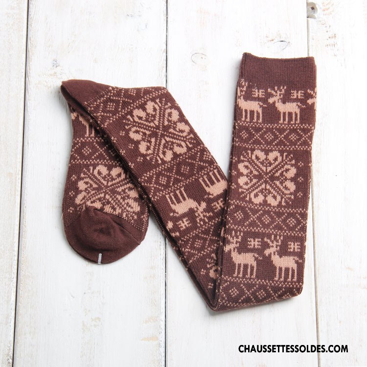Chaussettes Longues Femme Flocon De Neige Hiver Haute Cerf 100% Coton L'automne Marron / Brun