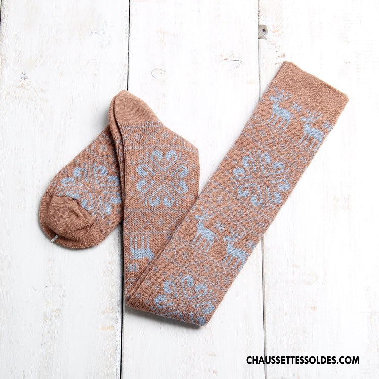 Chaussettes Longues Femme Flocon De Neige Hiver Haute Cerf 100% Coton L'automne Marron / Brun