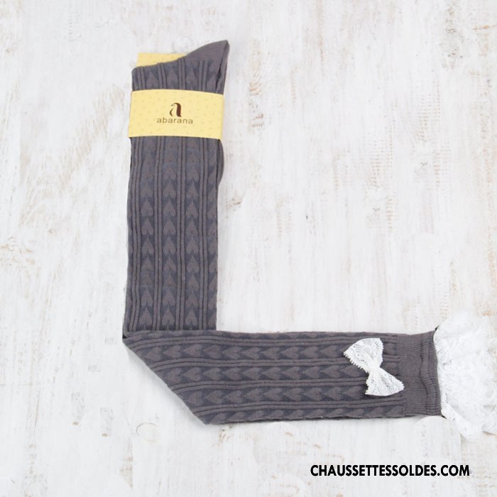 Chaussettes Longues Femme Gros Haute Papillon Dentelle Gris