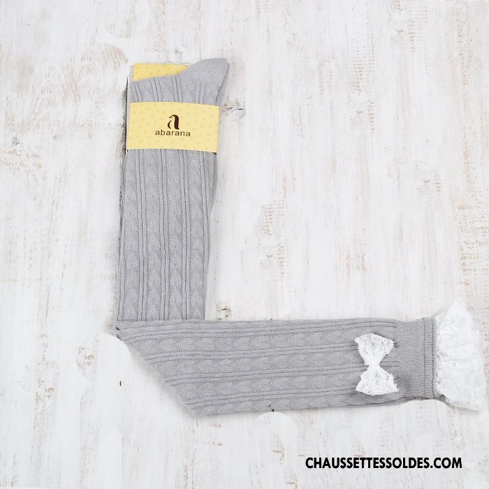 Chaussettes Longues Femme Gros Haute Papillon Dentelle Gris