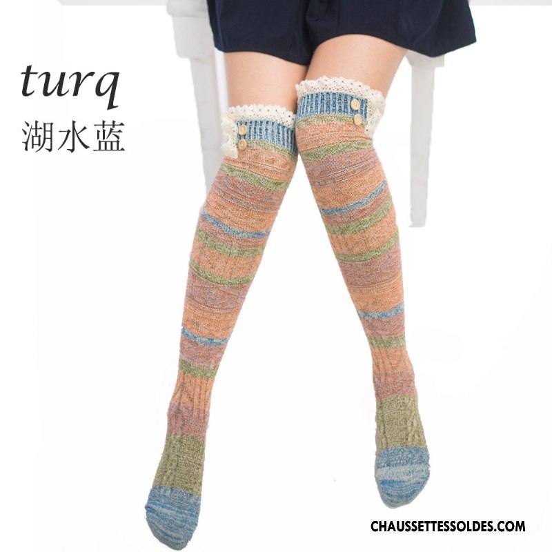 Chaussettes Longues Femme L'automne Rayé 100% Coton Dentelle Le Nouveau Hiver Coloré