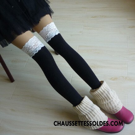 Chaussettes Longues Femme Long Stock Beige Élève Chaussettes En Coton Fille Dentelle Blanc