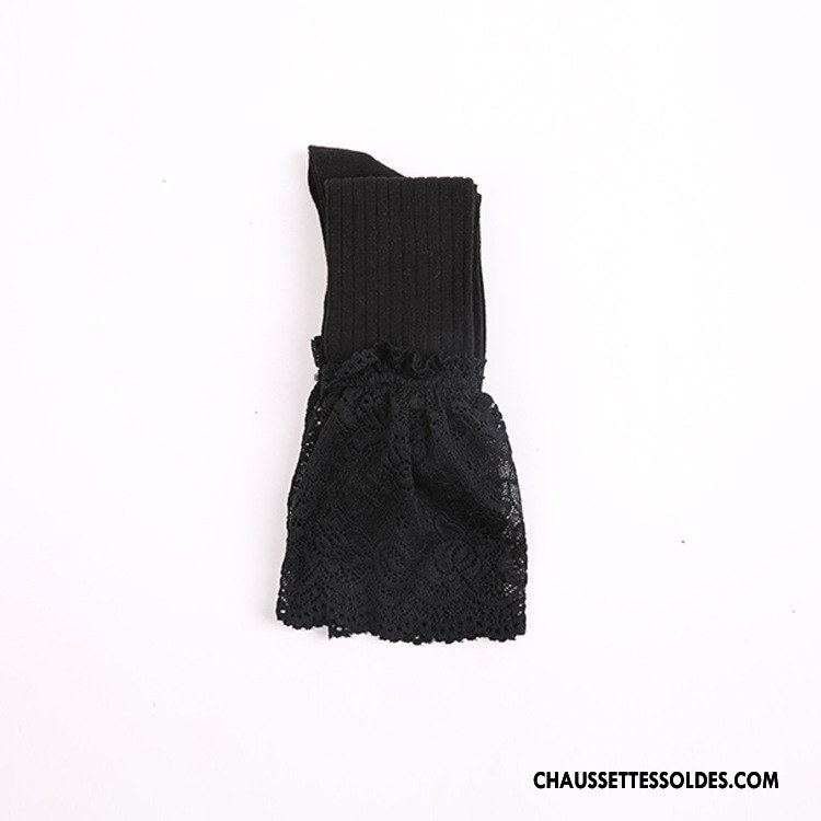 Chaussettes Longues Femme Rayé Printemps 100% Coton Dentelle Gros Élève Blanc