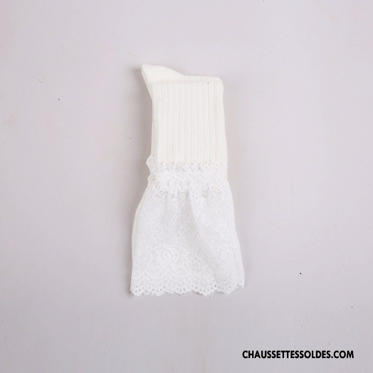 Chaussettes Longues Femme Rayé Printemps 100% Coton Dentelle Gros Élève Blanc