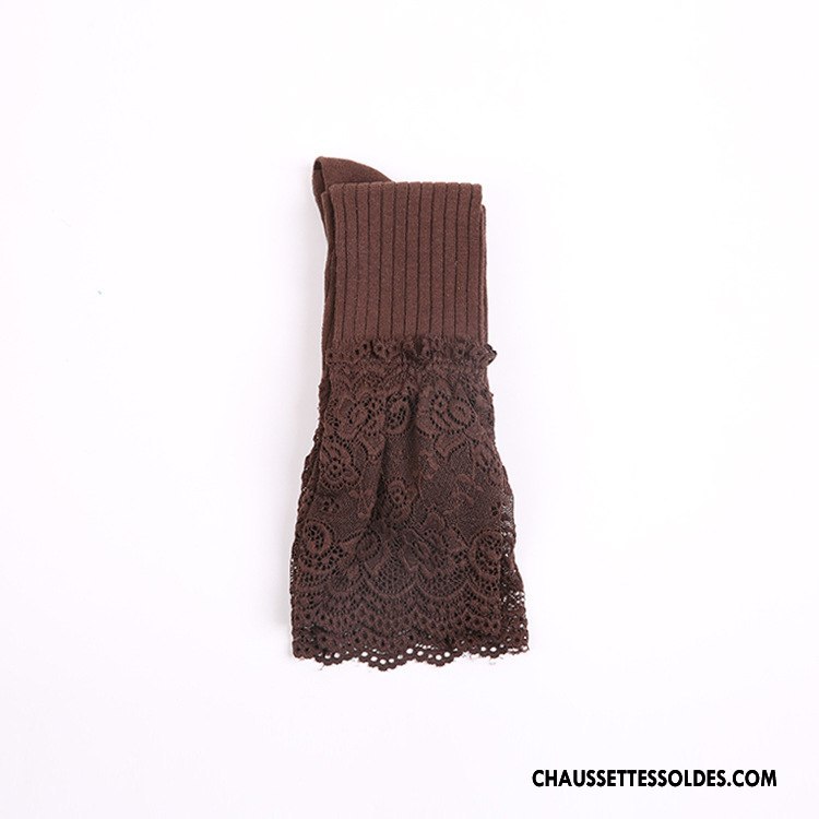 Chaussettes Longues Femme Rayé Printemps 100% Coton Dentelle Gros Élève Blanc