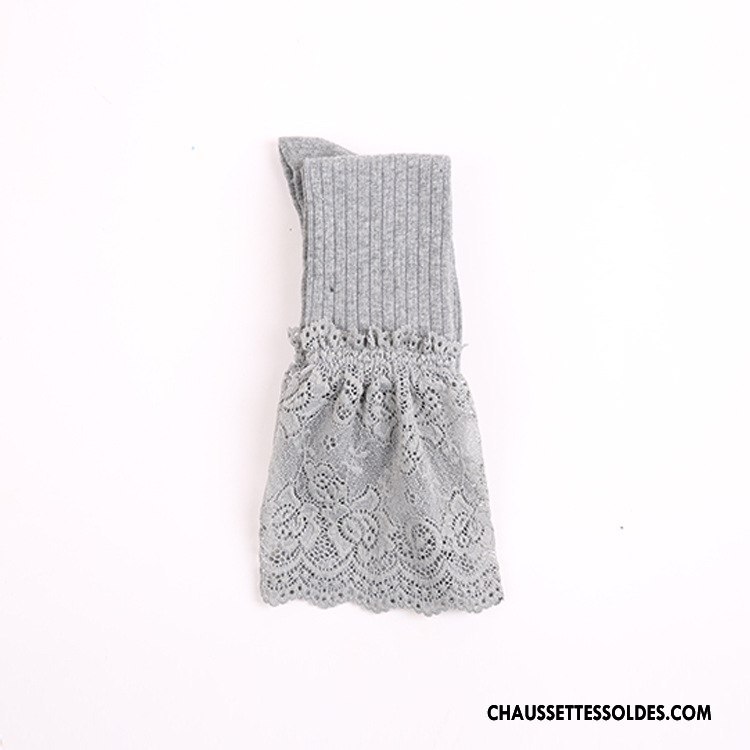 Chaussettes Longues Femme Rayé Printemps 100% Coton Dentelle Gros Élève Blanc