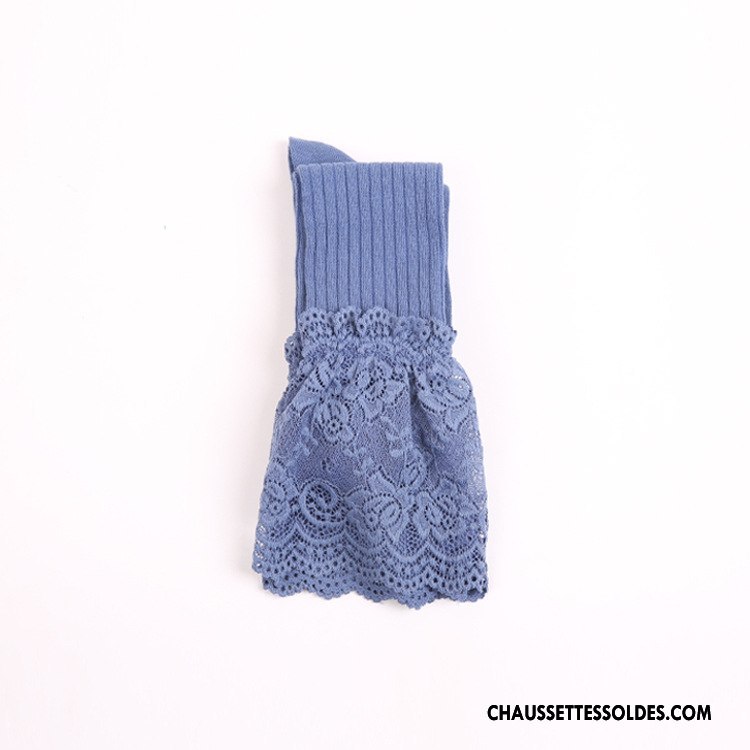 Chaussettes Longues Femme Rayé Printemps 100% Coton Dentelle Gros Élève Blanc
