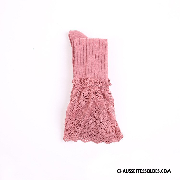 Chaussettes Longues Femme Rayé Printemps 100% Coton Dentelle Gros Élève Blanc