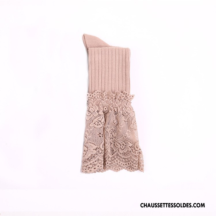 Chaussettes Longues Femme Rayé Printemps 100% Coton Dentelle Gros Élève Blanc