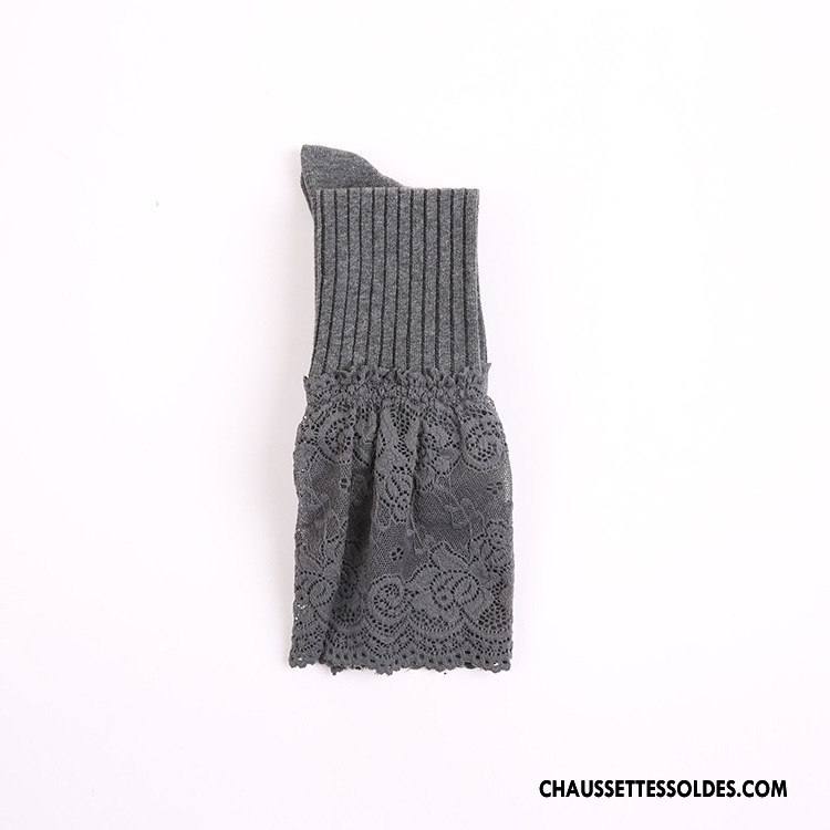 Chaussettes Longues Femme Rayé Printemps 100% Coton Dentelle Gros Élève Blanc