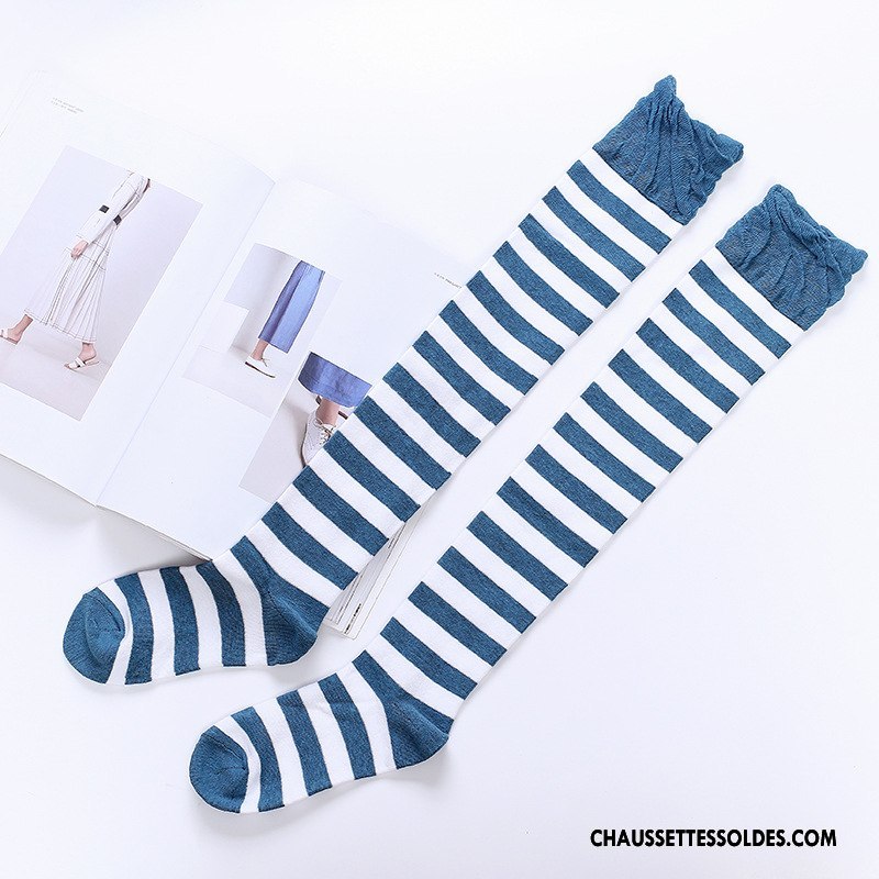Chaussettes Longues Femme Rayé Élève Haute Long Stock Mode Chaussettes En Coton Couleurs De Bonbons Arc En Ciel Bleu
