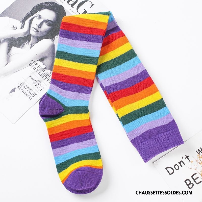 Chaussettes Longues Femme Rayé Élève Haute Long Stock Mode Chaussettes En Coton Couleurs De Bonbons Arc En Ciel Bleu
