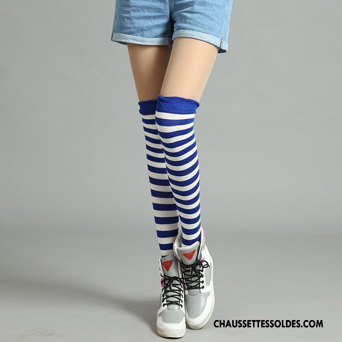 Chaussettes Longues Femme Rayé Élève Haute Long Stock Mode Chaussettes En Coton Couleurs De Bonbons Arc En Ciel Bleu