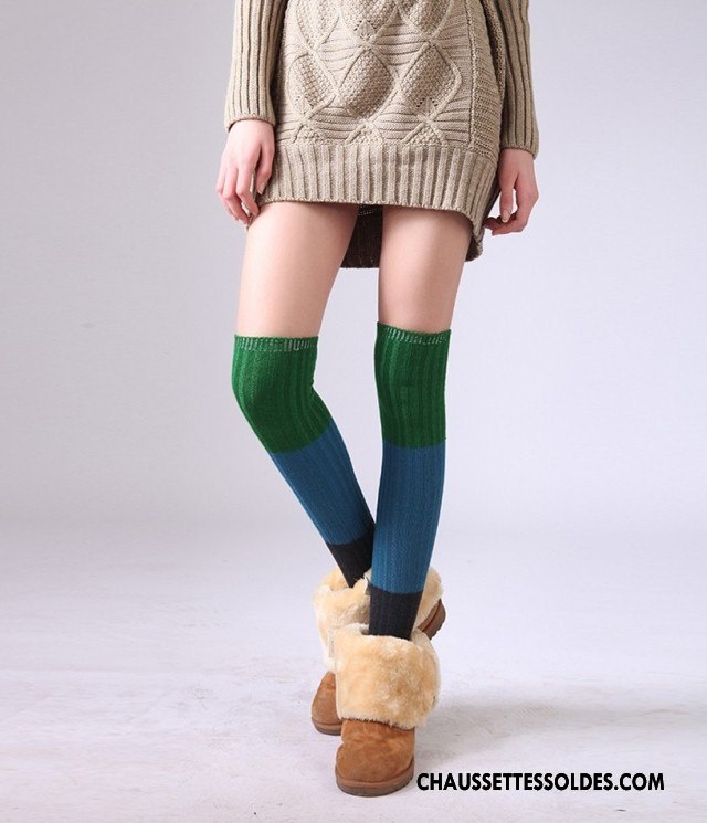Chaussettes Longues Femme Renforcé Mince Haute Hiver Rayé Mode Coloré Bleu