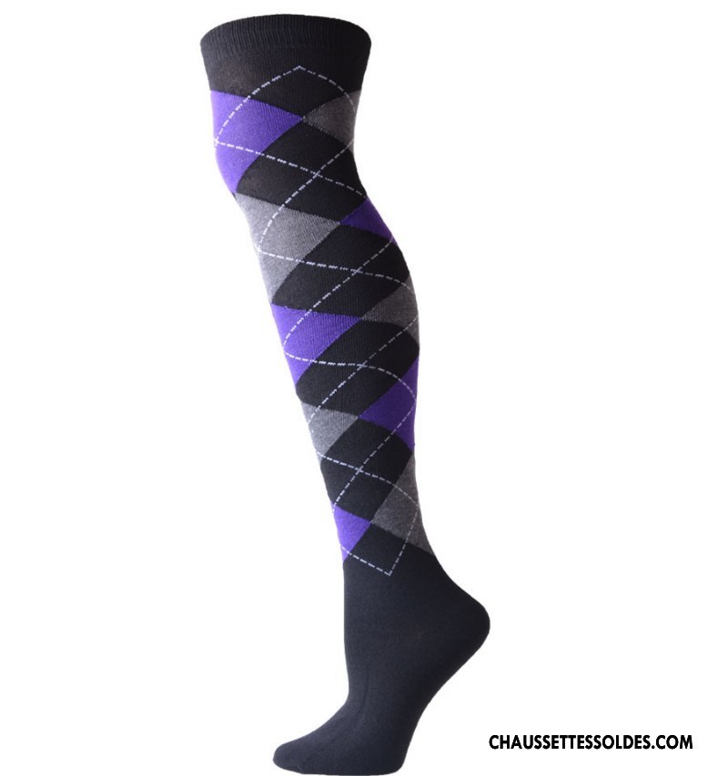Chaussettes Longues Femme Style Long Stock Europe Élastique Losange Dame Noir