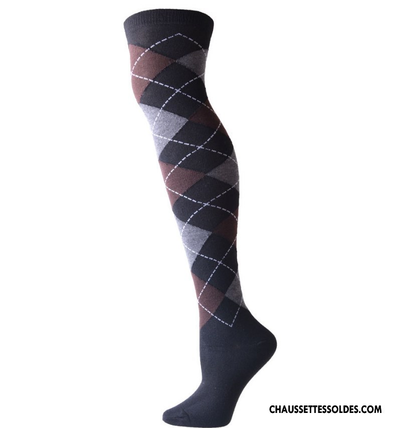 Chaussettes Longues Femme Style Long Stock Europe Élastique Losange Dame Noir