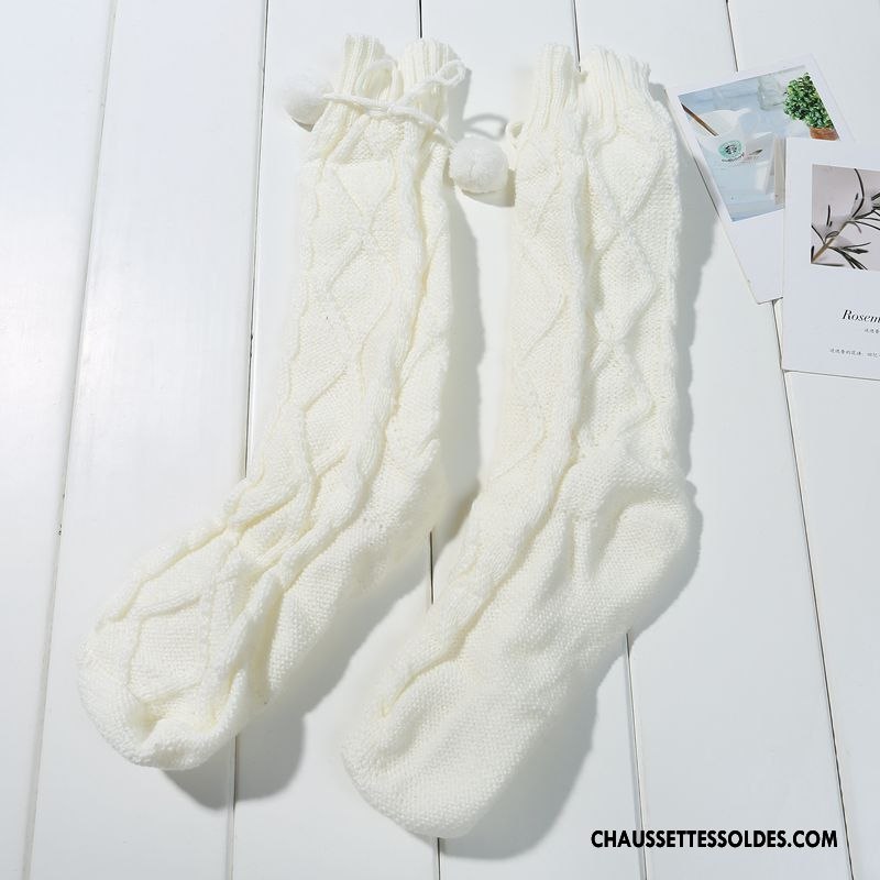 Chaussettes Longues Femme Yoga En Maille Thermiques L'automne Fleurs Hiver Blanc