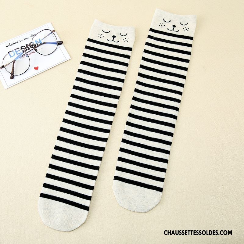 Chaussettes Longues Femme Élève Enfant Points Rayé Charmant Jambe Droite Blanc