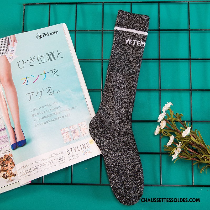 Chaussettes Longues Femme Été Long Stock Mode Rétro Lettre Or Argent Gris