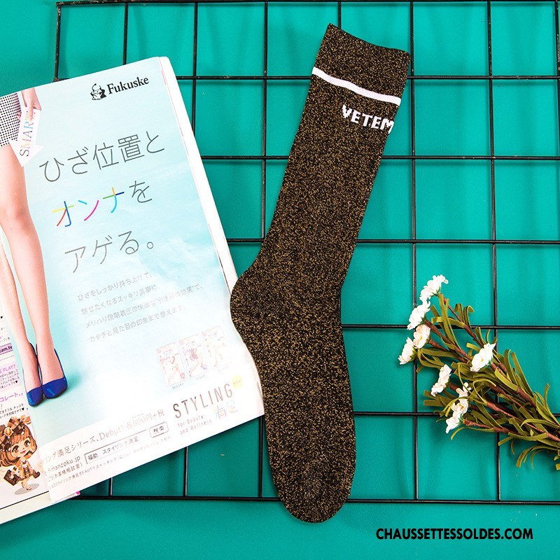 Chaussettes Longues Femme Été Long Stock Mode Rétro Lettre Or Argent Gris