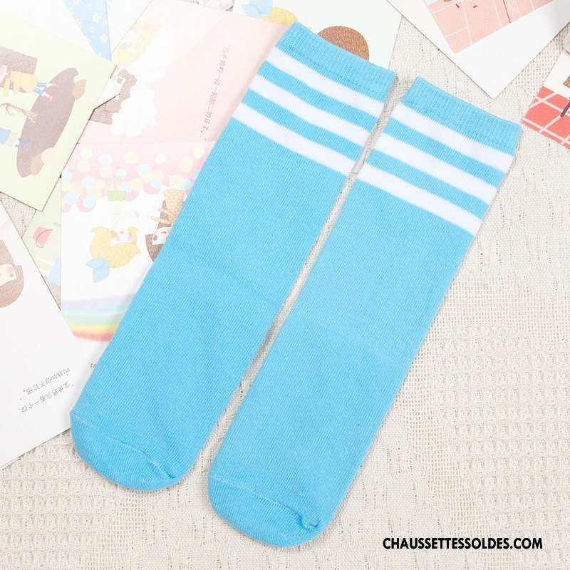 Chaussettes Longues Fille 100% Coton Enfant Printemps Élève Été Respirant Bleu