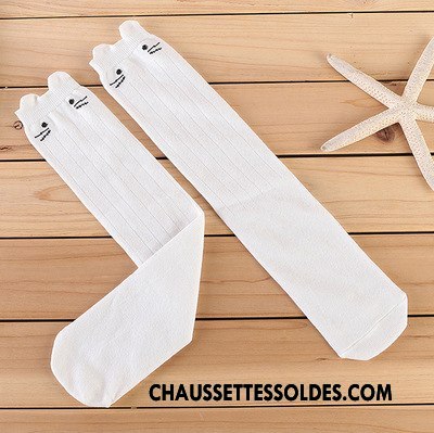 Chaussettes Longues Fille Coton Bio Chat Gros Printemps Enfant Milieu Blanc