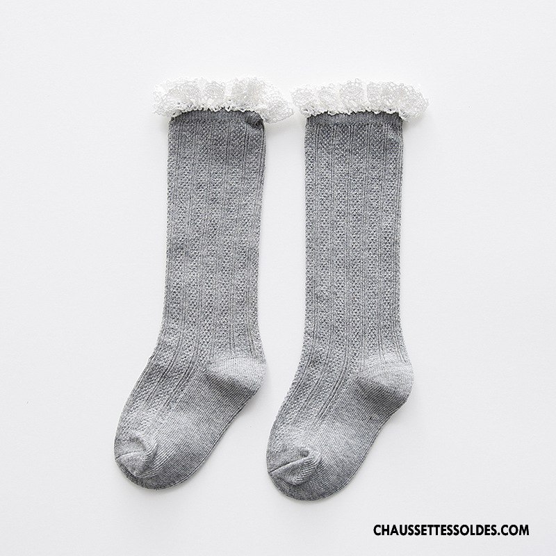 Chaussettes Longues Fille Dentelle Bébé 100% Coton Milieu Enfant Pure Gris