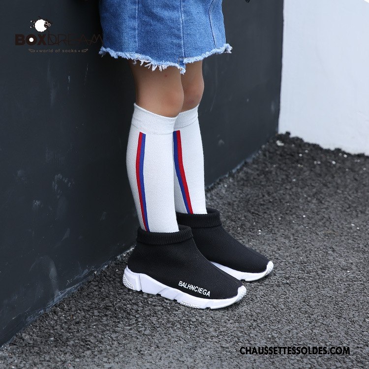 Chaussettes Longues Fille Femme Printemps Bébé Rayé Coton Bio Enfant Couleur De Contraste Noir