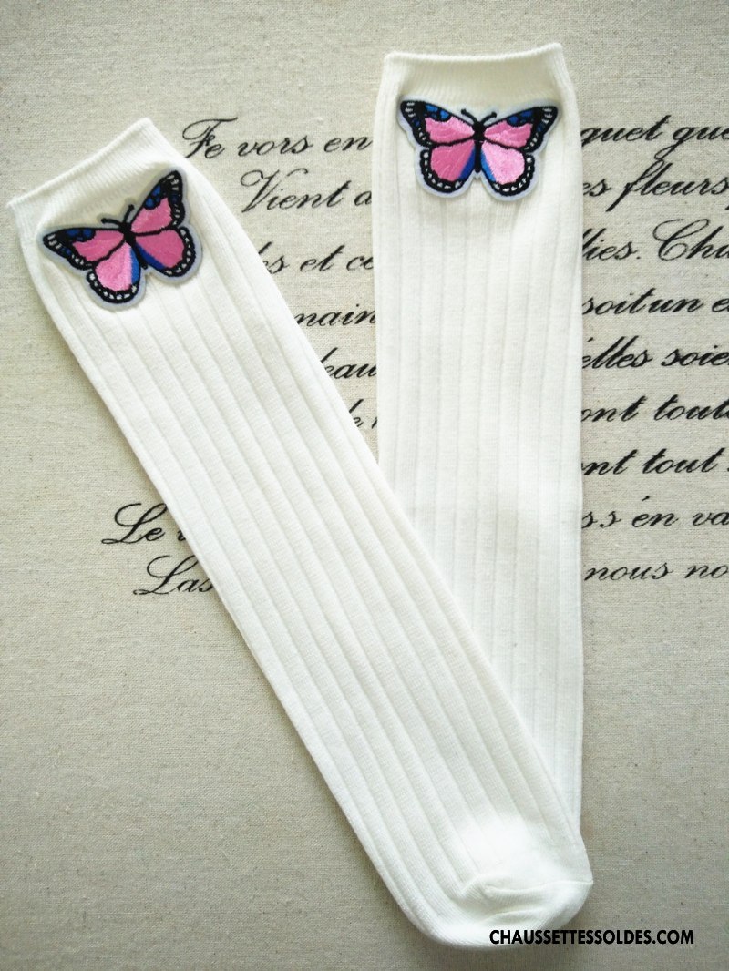 Chaussettes Longues Fille Haute Brodé Matelassé Papillon Rayé Enfant Rose