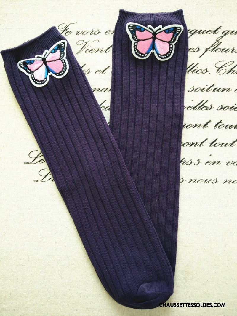 Chaussettes Longues Fille Haute Brodé Matelassé Papillon Rayé Enfant Rose