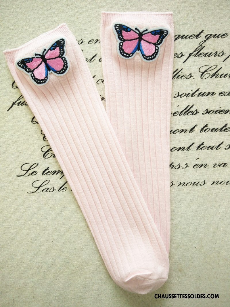 Chaussettes Longues Fille Haute Brodé Matelassé Papillon Rayé Enfant Rose