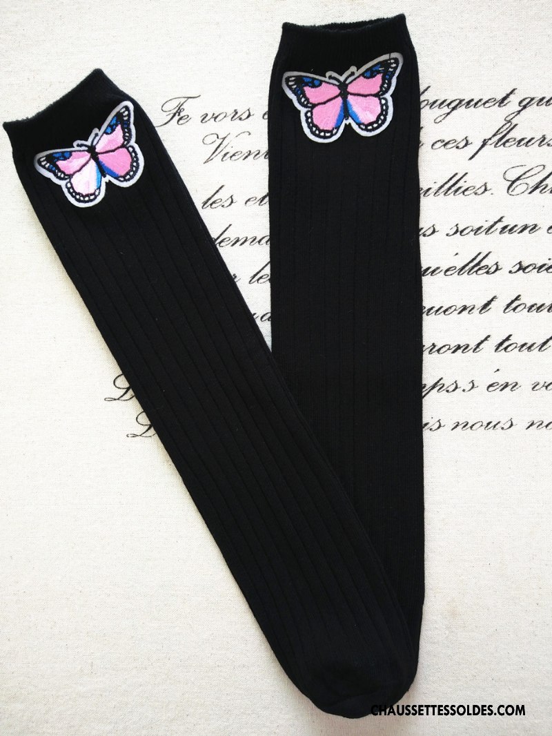 Chaussettes Longues Fille Haute Brodé Matelassé Papillon Rayé Enfant Rose