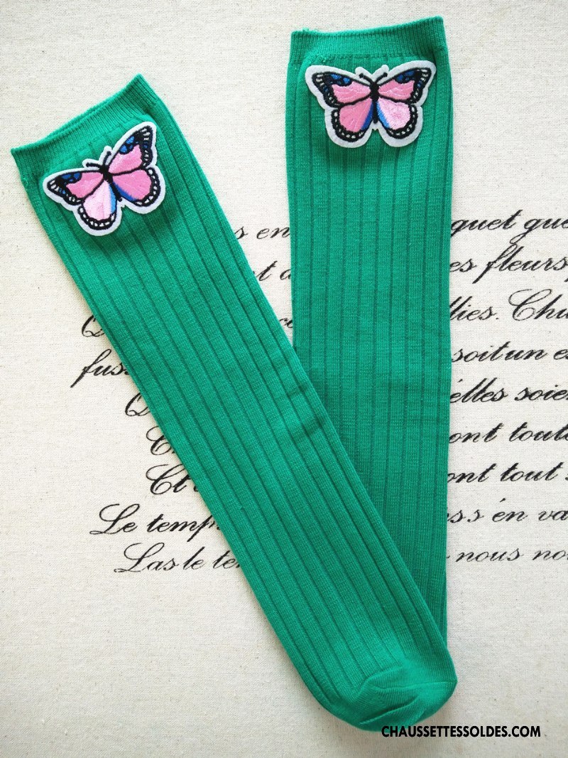 Chaussettes Longues Fille Haute Brodé Matelassé Papillon Rayé Enfant Rose