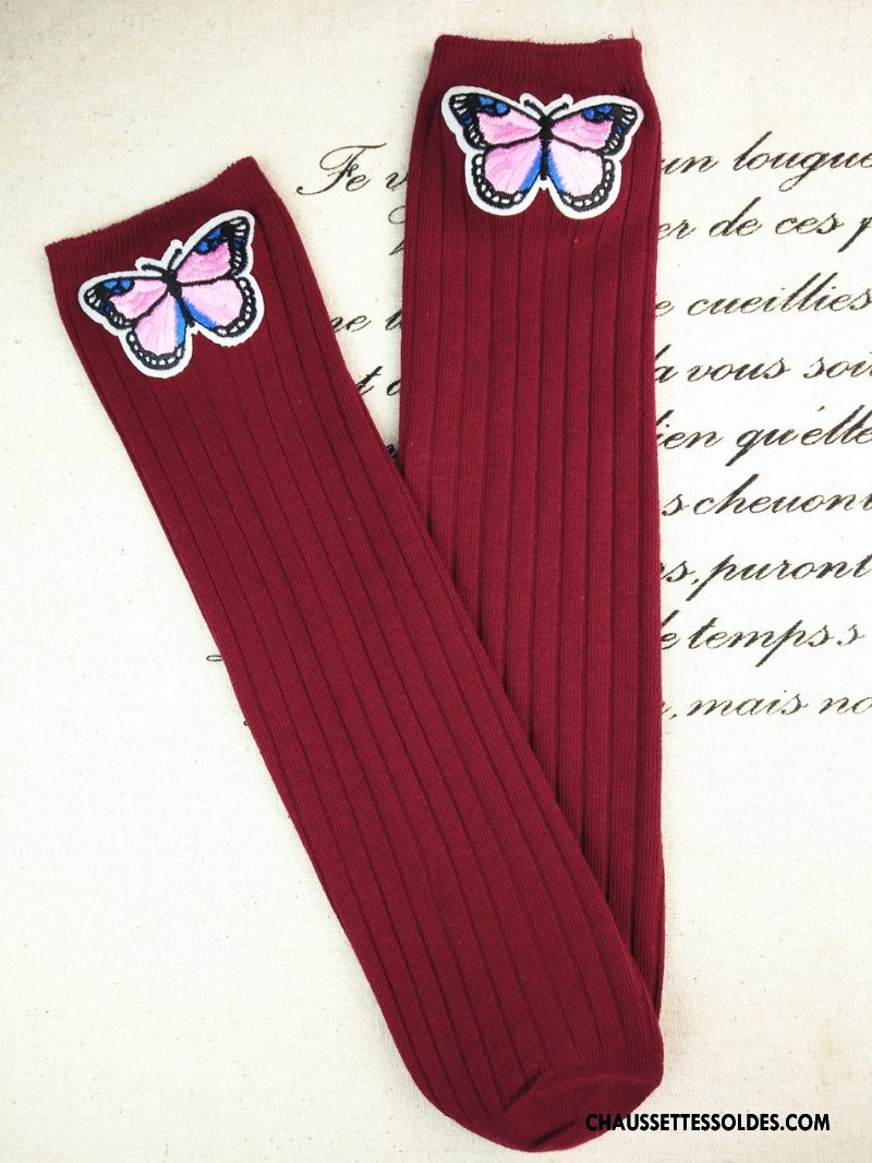Chaussettes Longues Fille Haute Brodé Matelassé Papillon Rayé Enfant Rose