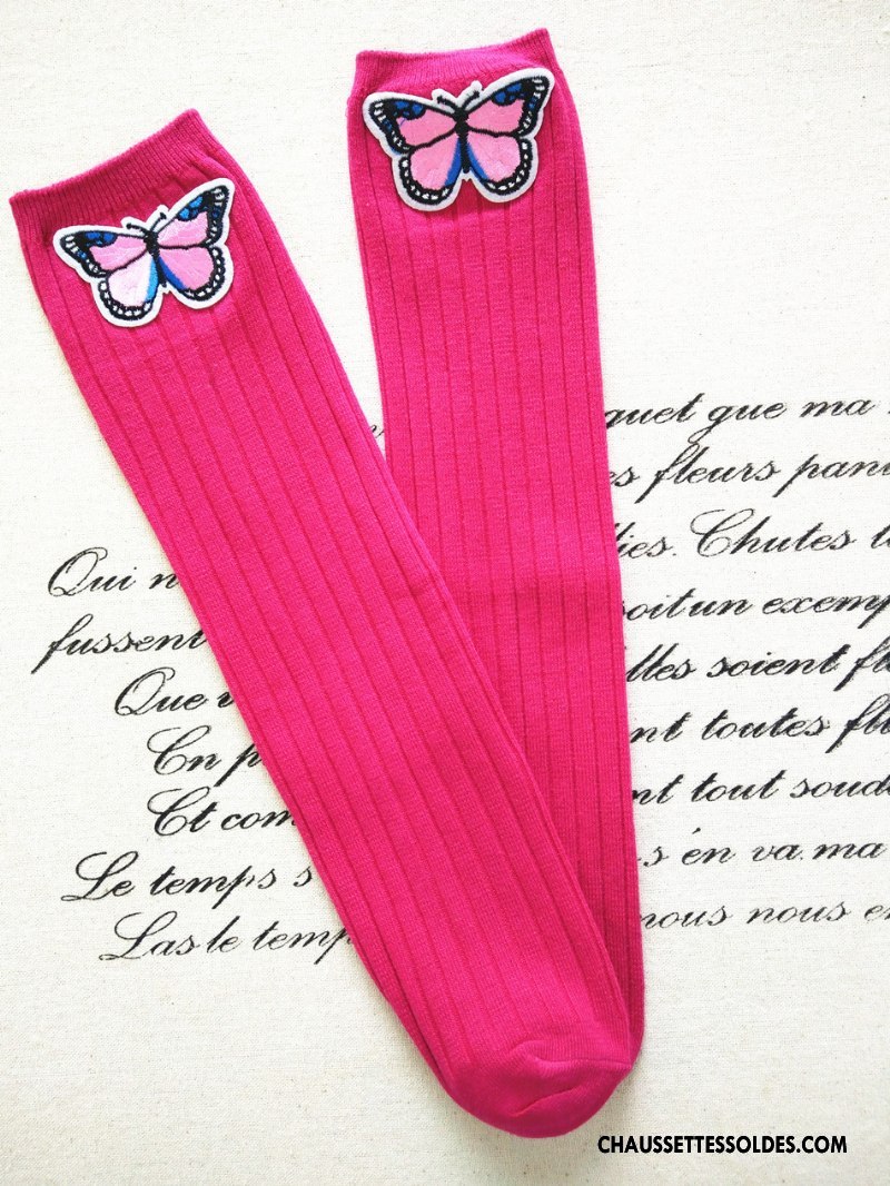 Chaussettes Longues Fille Haute Brodé Matelassé Papillon Rayé Enfant Rose