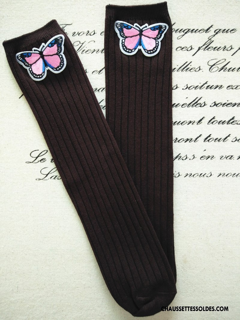 Chaussettes Longues Fille Haute Brodé Matelassé Papillon Rayé Enfant Rose