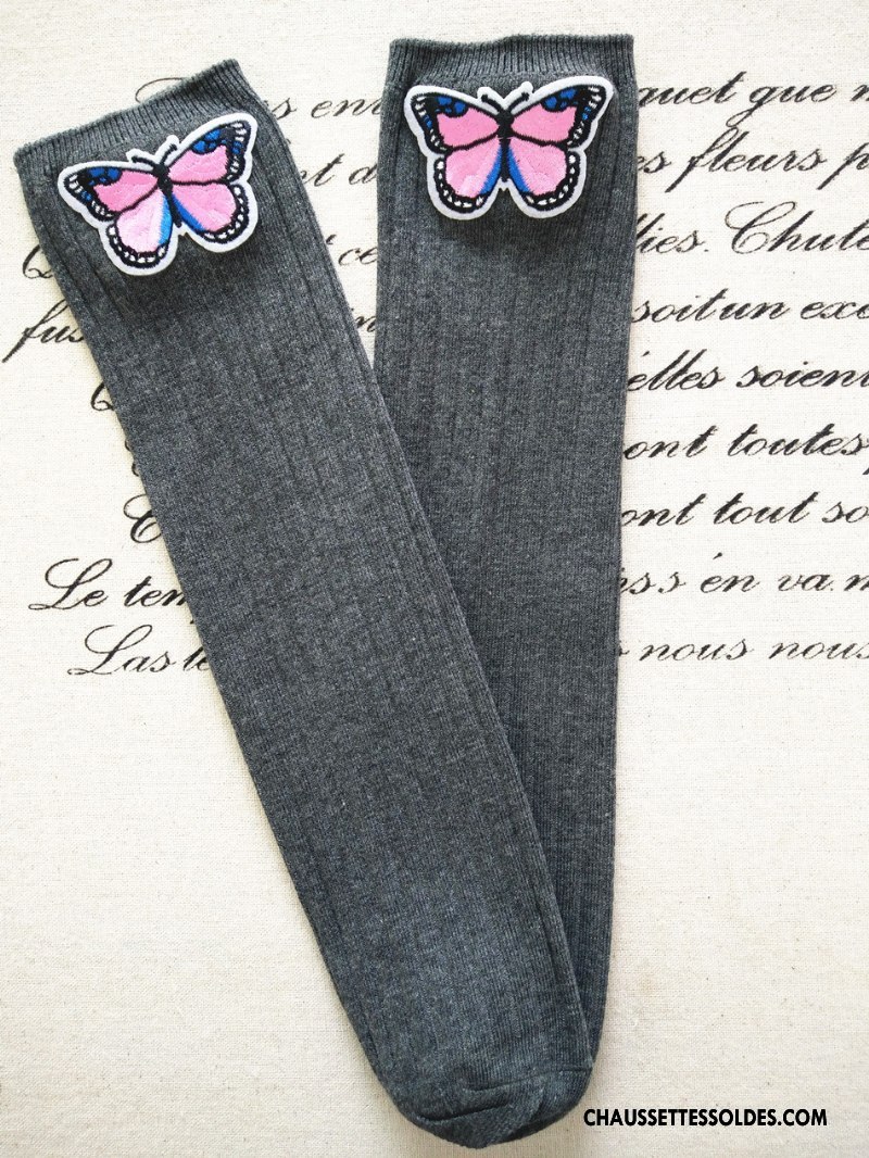 Chaussettes Longues Fille Haute Brodé Matelassé Papillon Rayé Enfant Rose