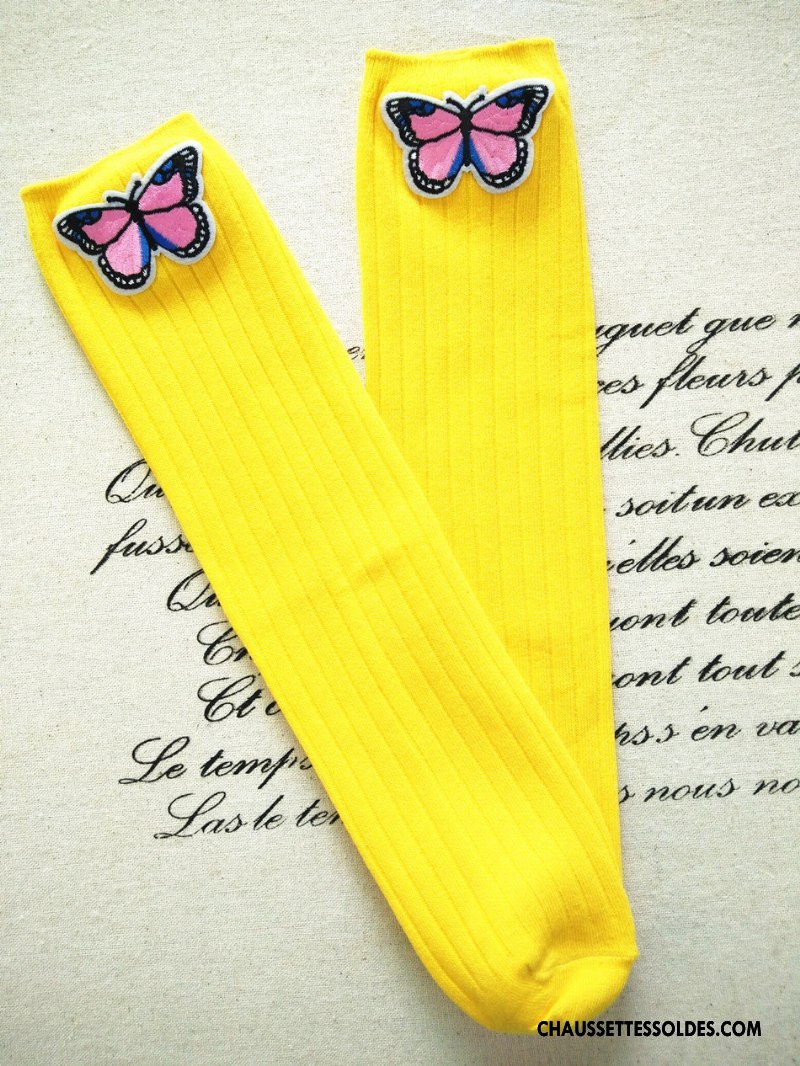 Chaussettes Longues Fille Haute Brodé Matelassé Papillon Rayé Enfant Rose